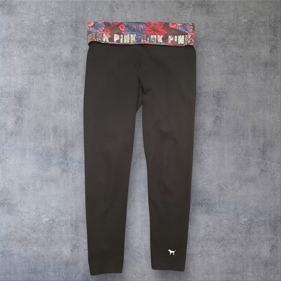 Victoria's Secret Pink Y2K Fold Over‎ Yoga Pant Leggings Womens M Sequin Glitter - Picture 1 of 7
